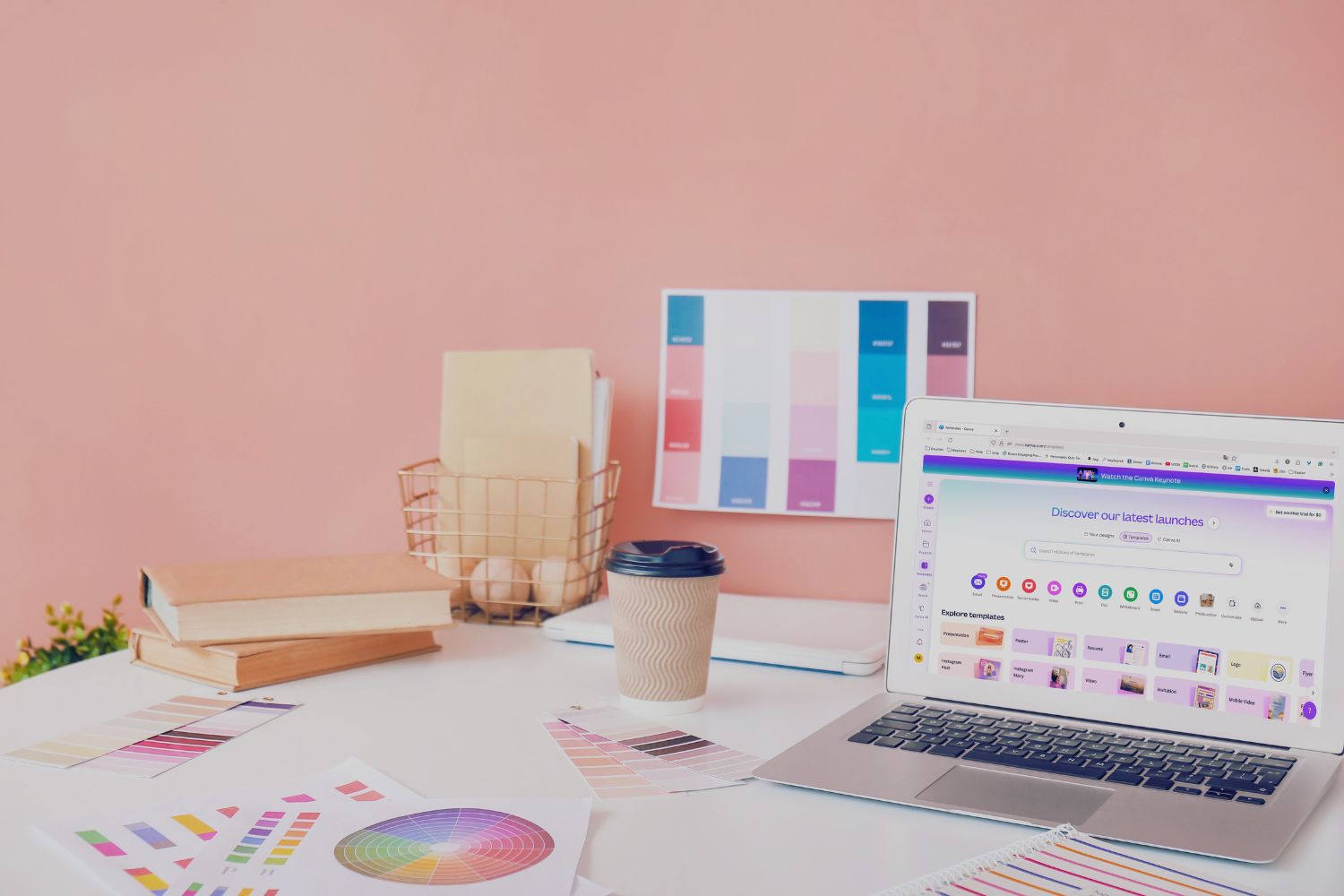 a laptop on the canva page with a cup of coffee on the table and various papers that denote design is happening