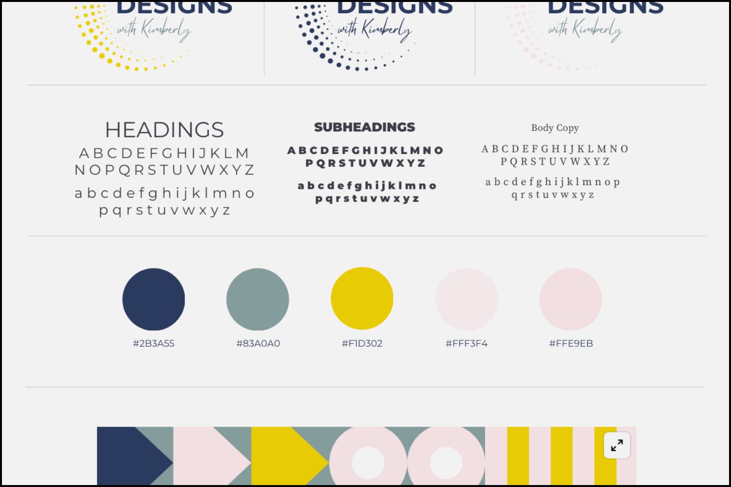 Brand identity for designs with kimberly including colors, fonts, and a mood board