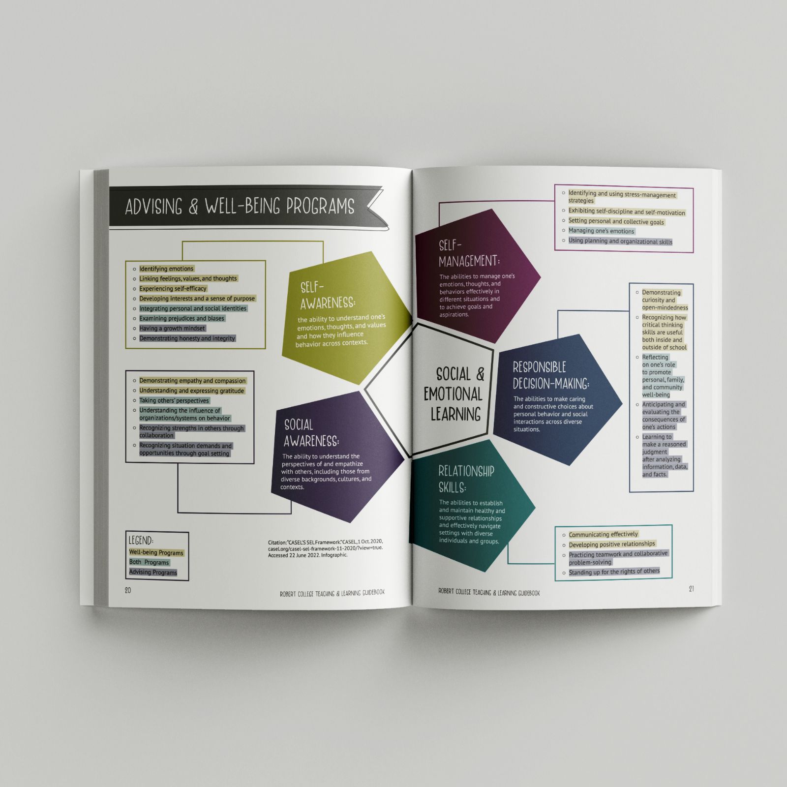 Well-being Programs spread with pentagons instead of circles like petals around a center describing different elements of well being programs.