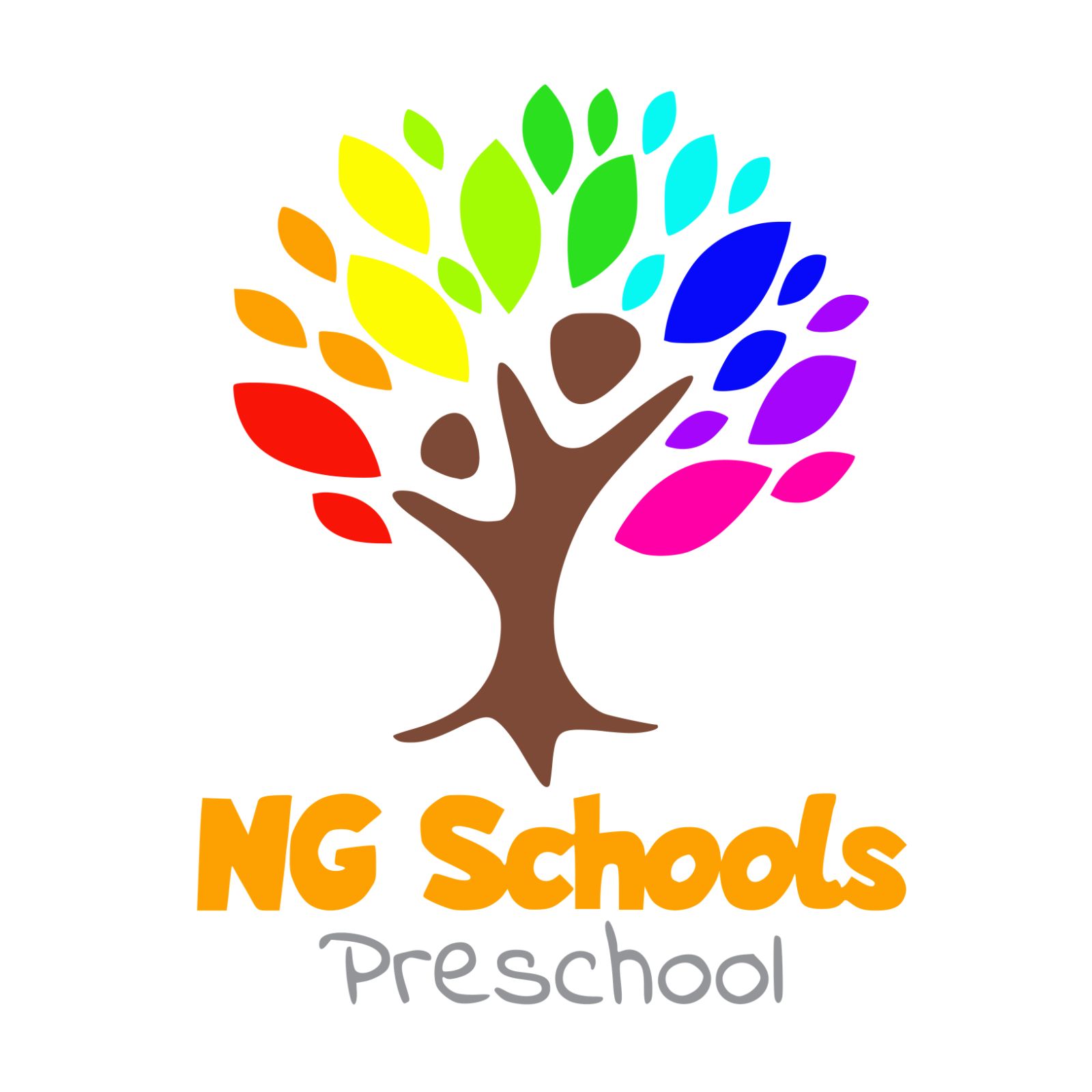 NG Schools Preschool logo with the title under an illustrated tree where the leaves are in a rainbow color.
