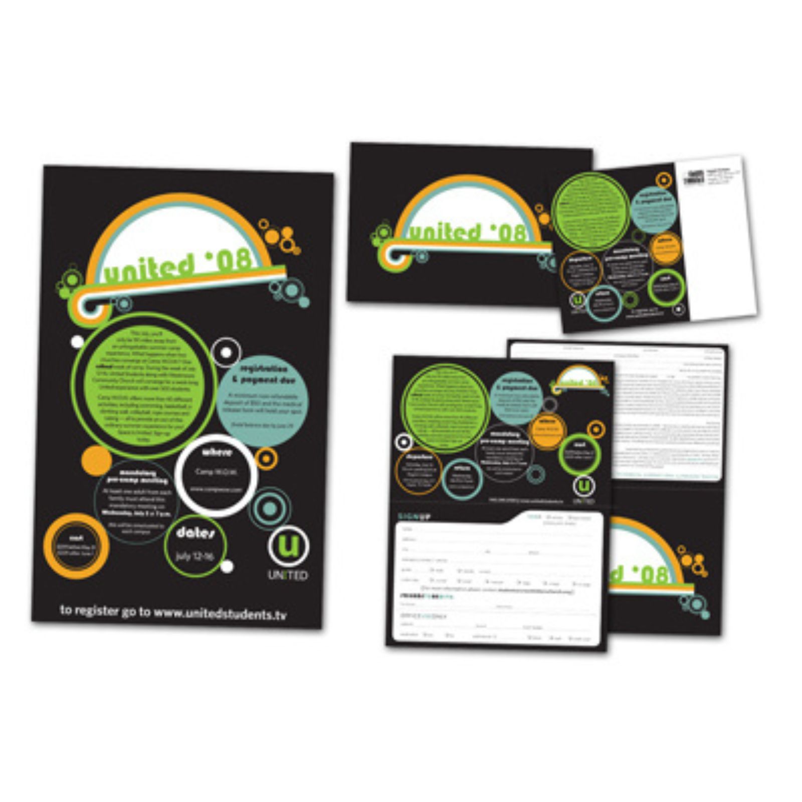Camp marketing materials including postcards, posters, registration forms, etc in a black background with colorful circles.