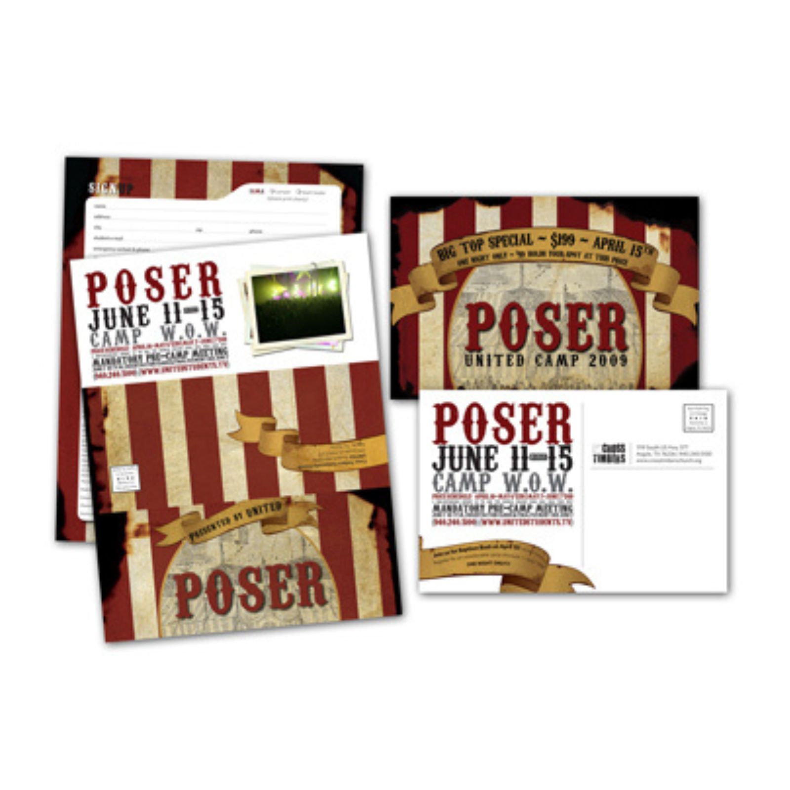 Weekend series branding. Including a mailer, posters, invite cards, etc in a circus theme.