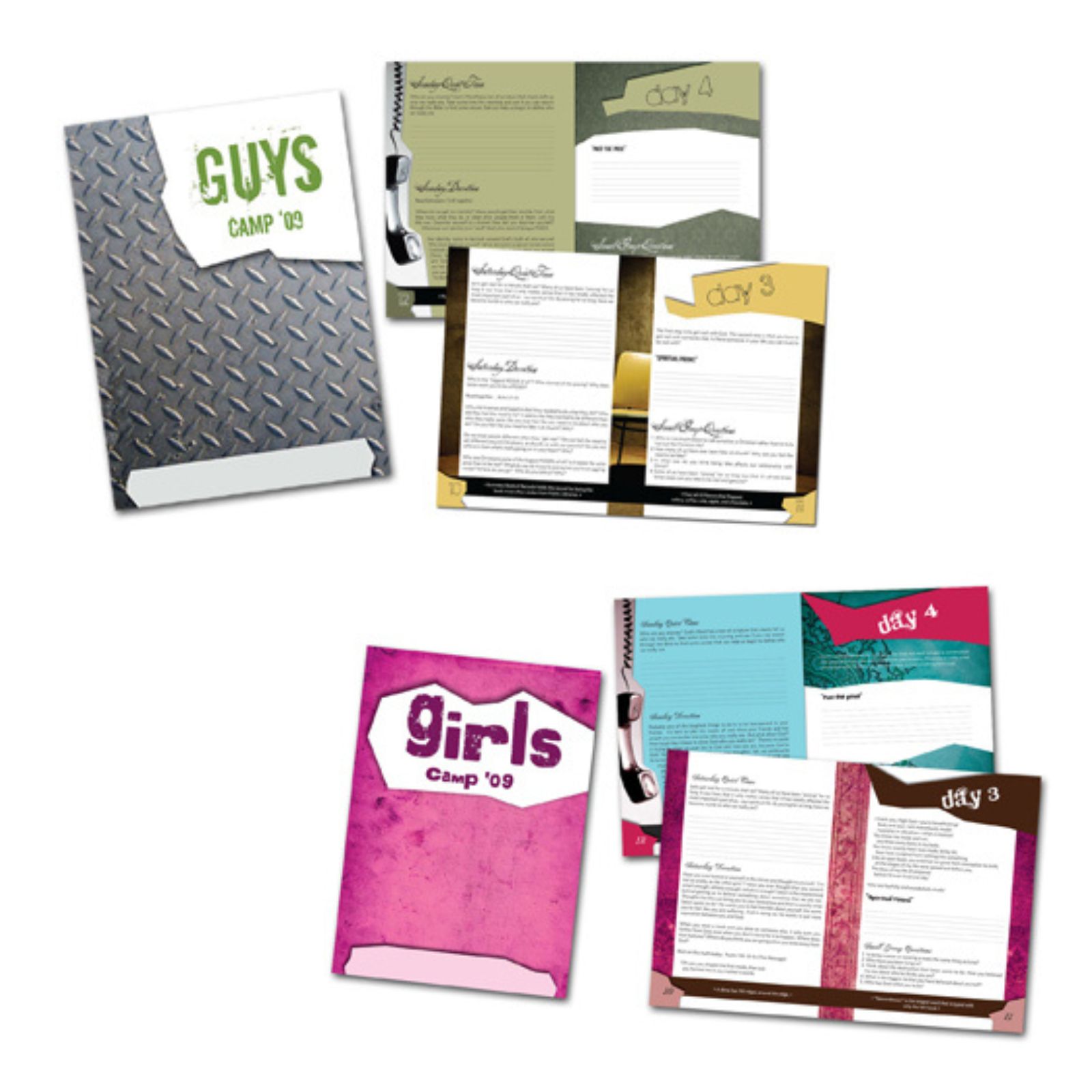 two different workbooks for youth camp. Girls book is pink and the boys book was metal looking